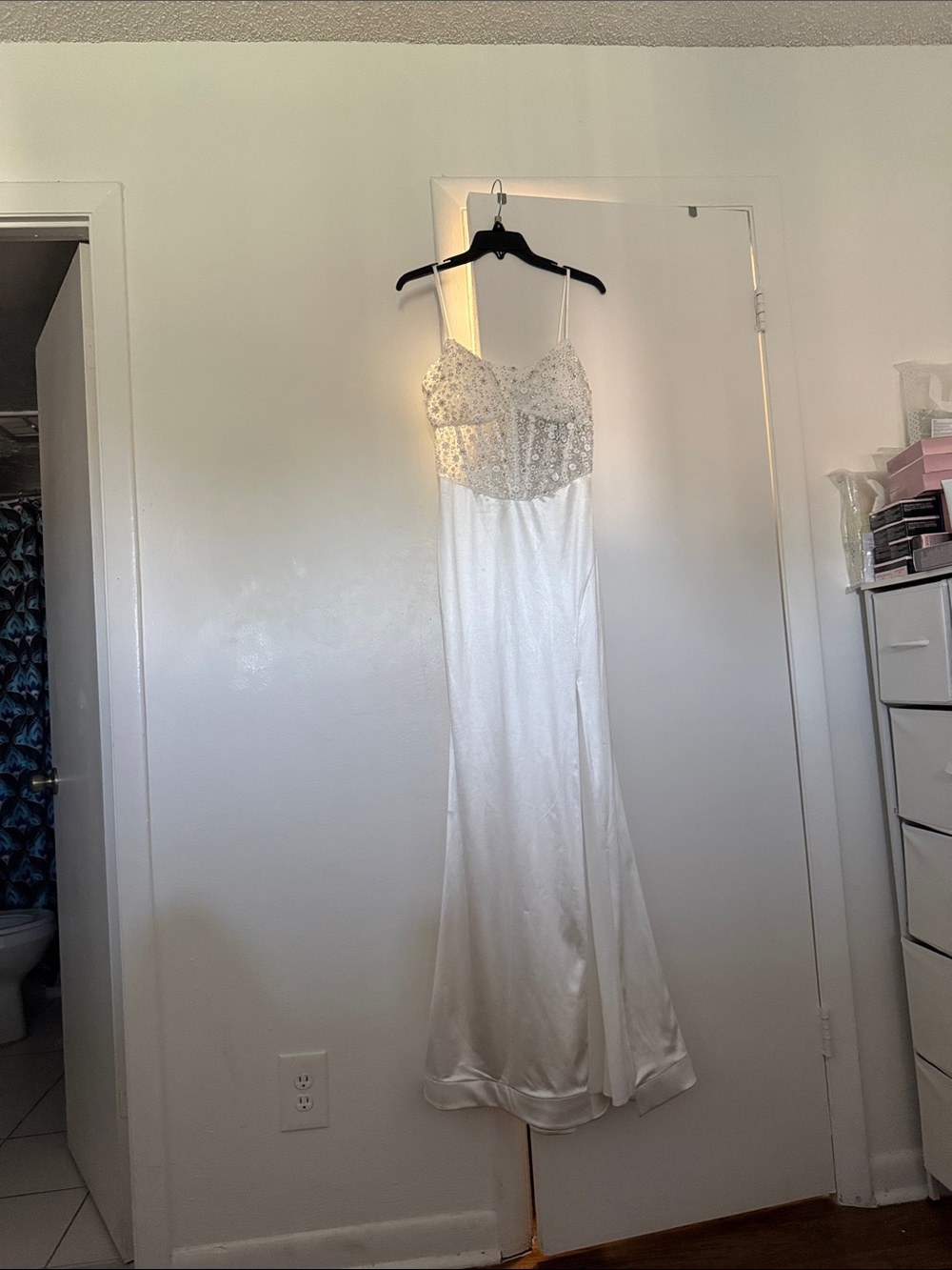 White Satin Evening Gown with Beaded Bodice